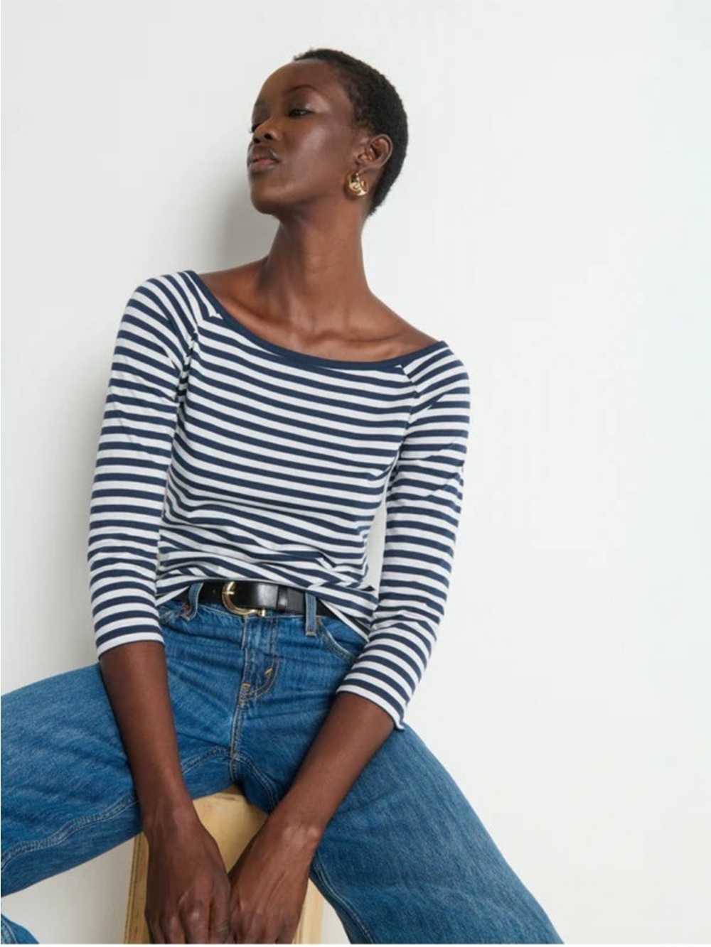 Nation LTD Navy and White Striped Boatneck Long Sleeve Top